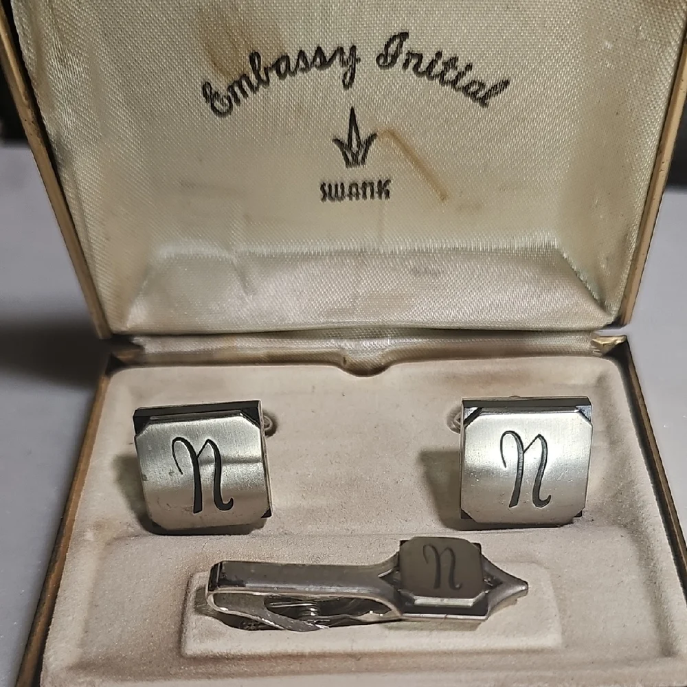 60's Vintage Embassy Initial Swank Silvertone Monogram Cufflinks & Tie Clip Set